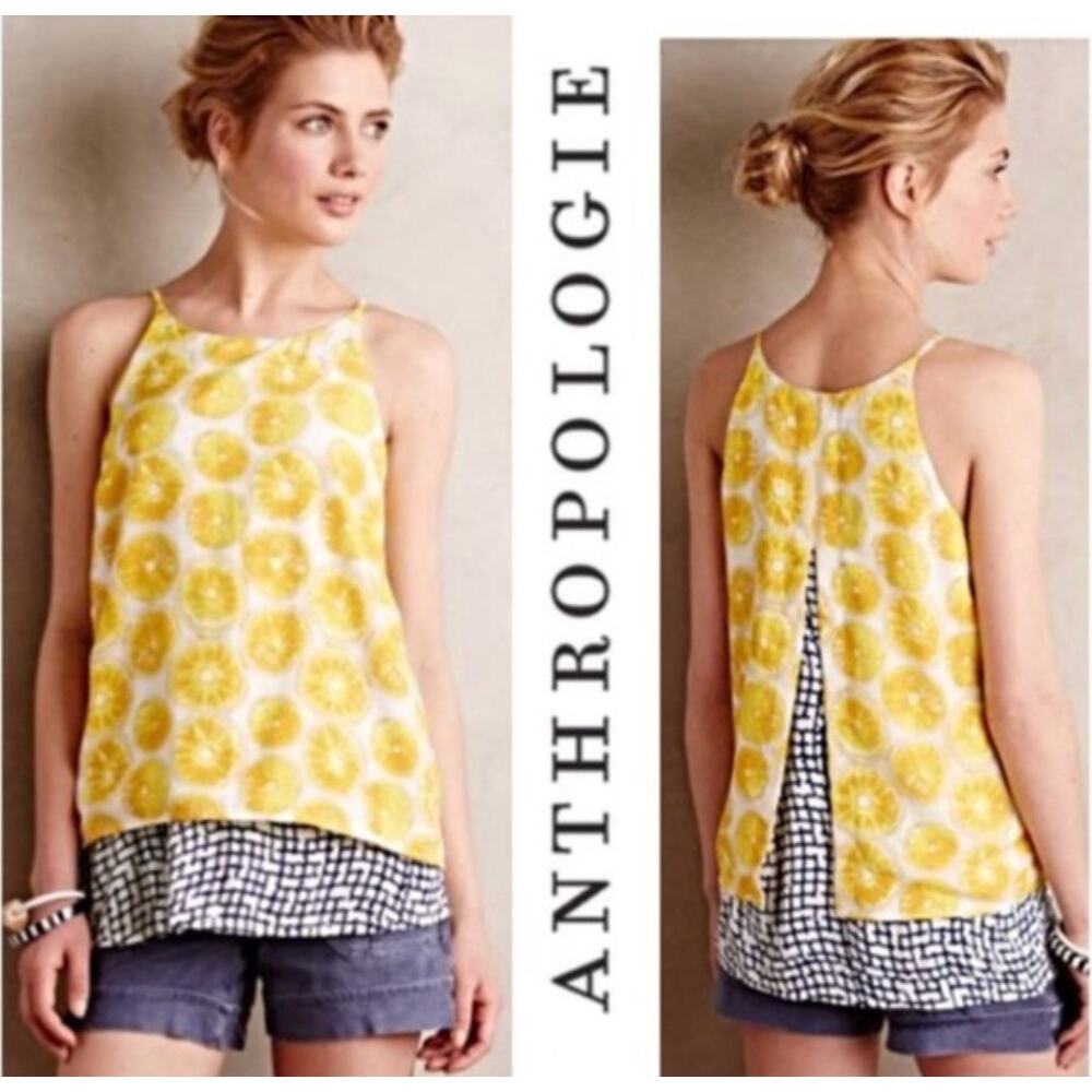 Anthropologie Yellow Citrus Print Double-Layer Halter Tank